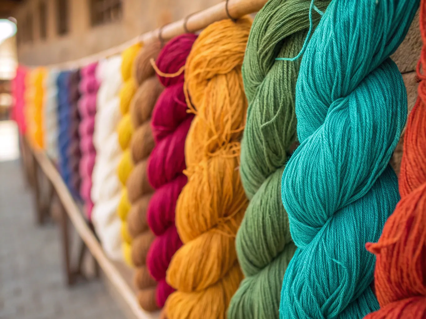 Närbild på färgglada garner i naturmaterial