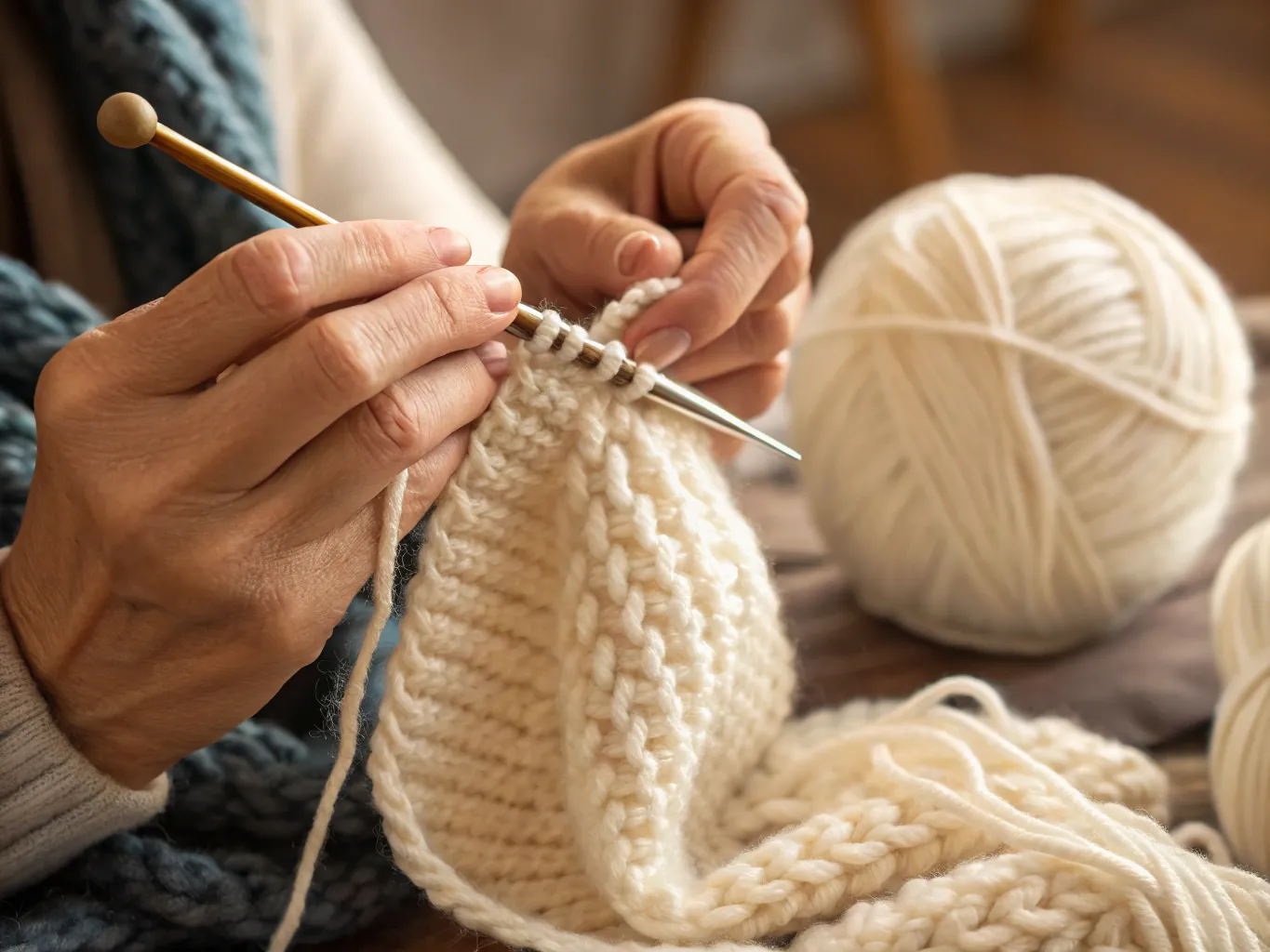 Händer som arbetar med stickning
